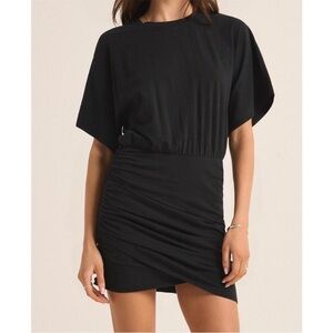 Z Supply Carmela Jersey Mini Dress Black Ruched Short Sleeve Size Large
